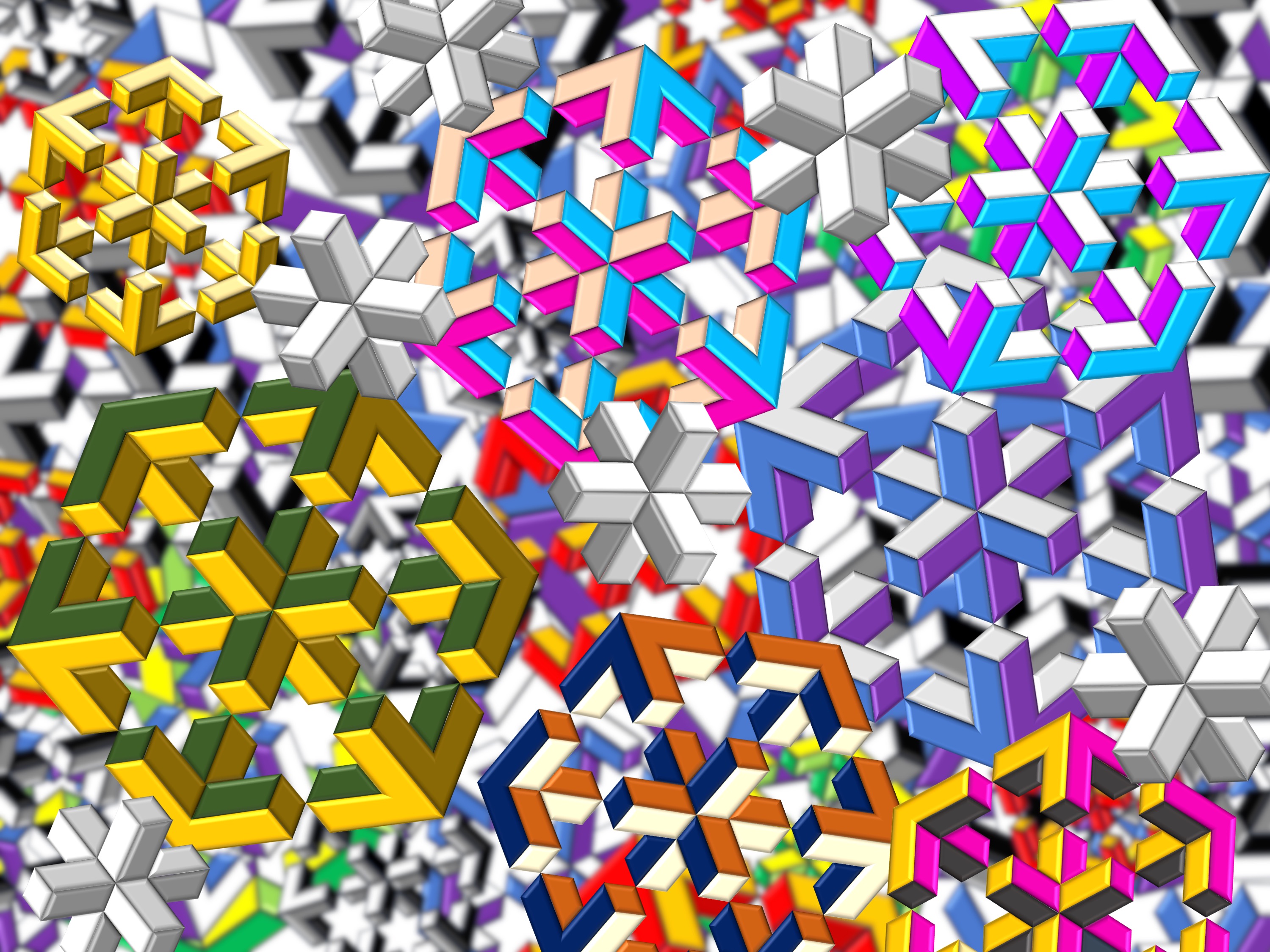 maybe 3d-cubes and migrants in space; (This painting is based primarily on pictures with the title “Penrose 3d