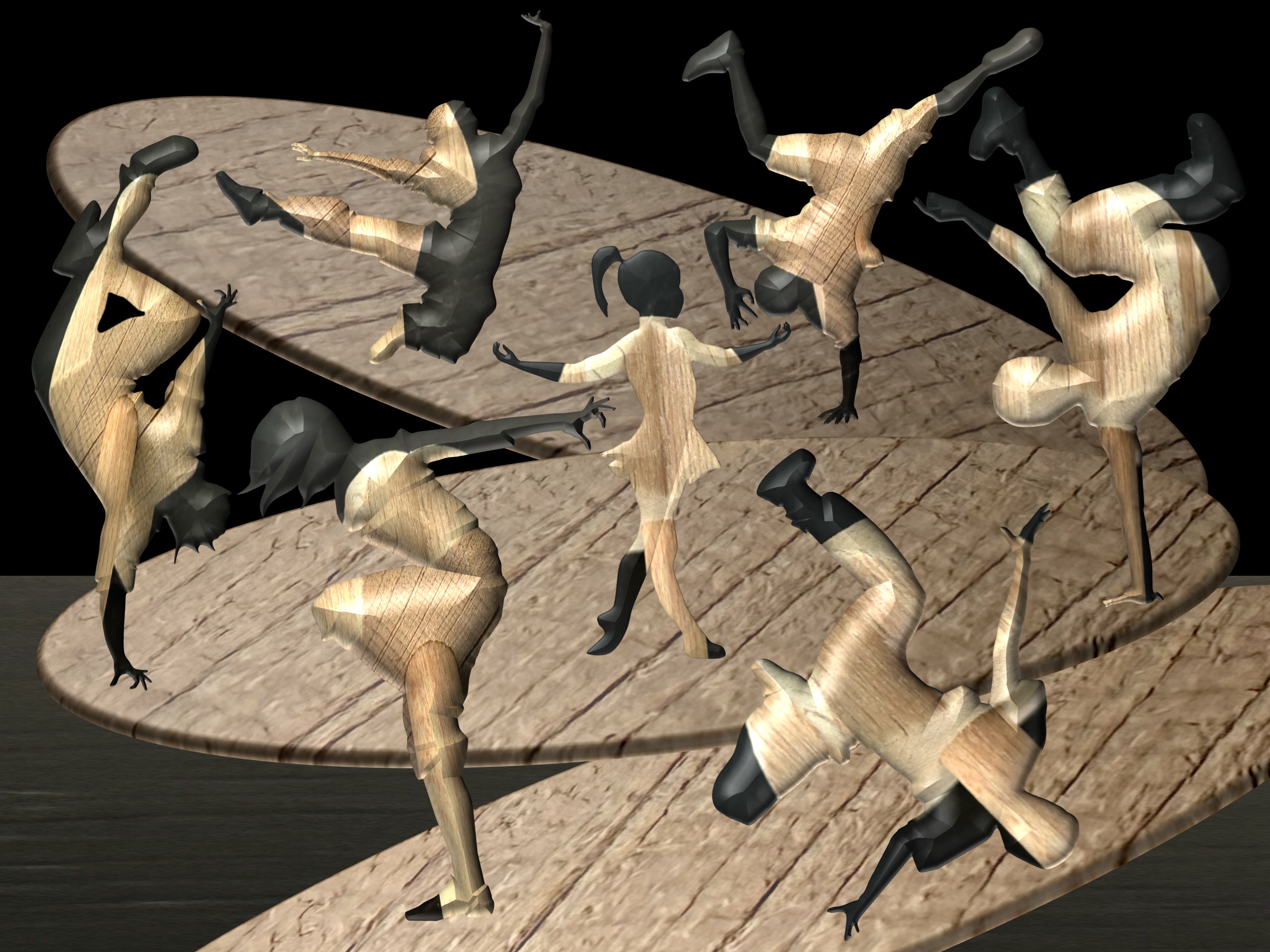 wooden figures dance on wood; (combined painting technique); (2026-08-11)