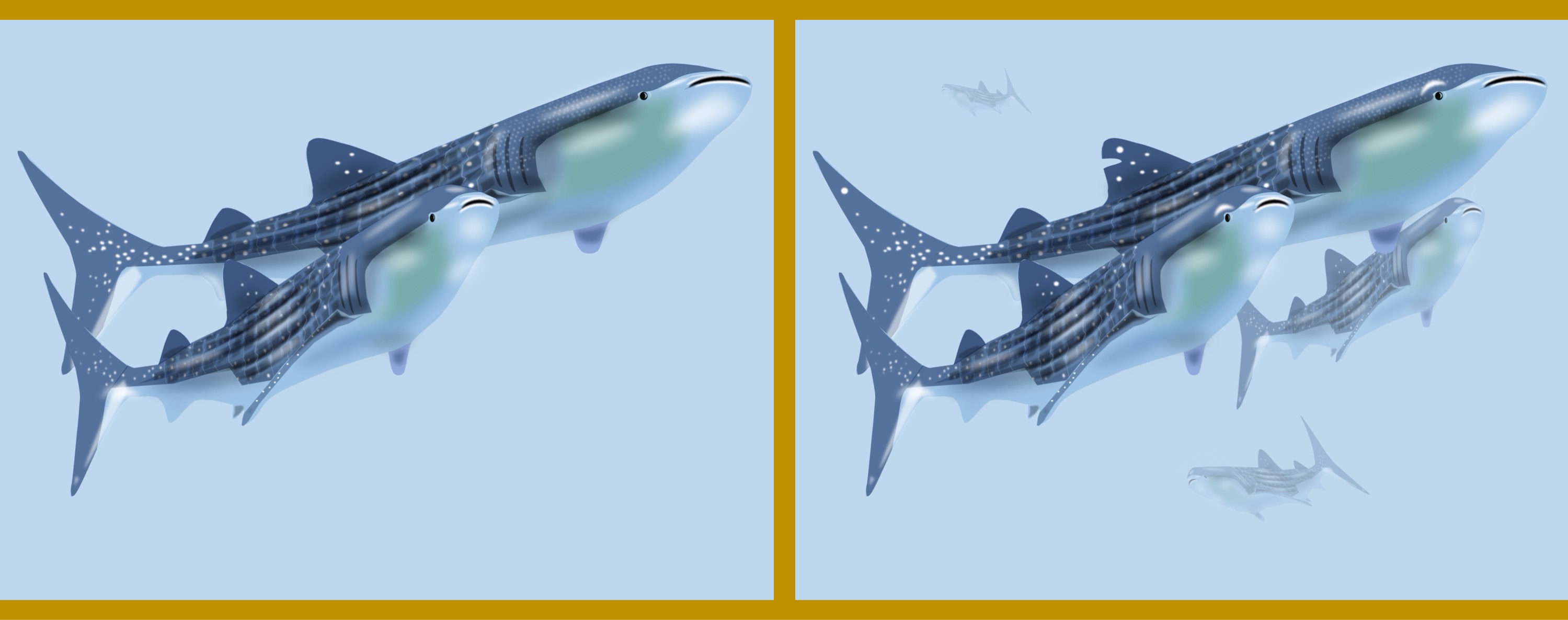 Walhaie/whale sharks - Finde 10 Änderungen im rechten Bild. (teilweise anspruchsvoll) / Find 10 changes in the right picture. (partly challenging)