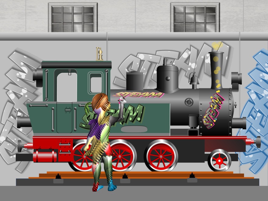 steam („Dad, come quickly, this graffiti 'll be finished soon“); (Or is there still a lot missing? ...); (combined painting technique; 2026-03-31); (This painting is based primarily on a picture of the "Spreewald-Locomotive")