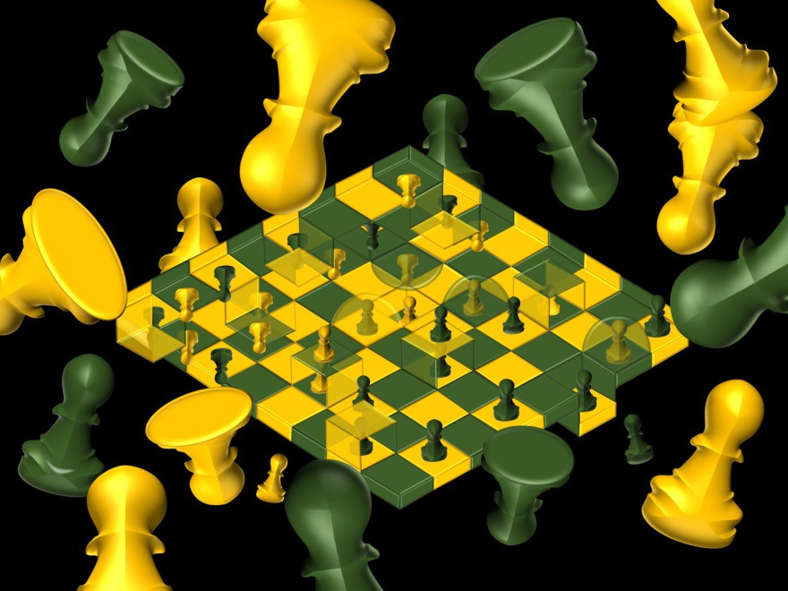 a game (a game with some protected squares); (This painting is based primarily on the painting “Impossible Chess” painted by M. C. Escher.); (combined painting technique); (2026-06-11, the fifth draft)