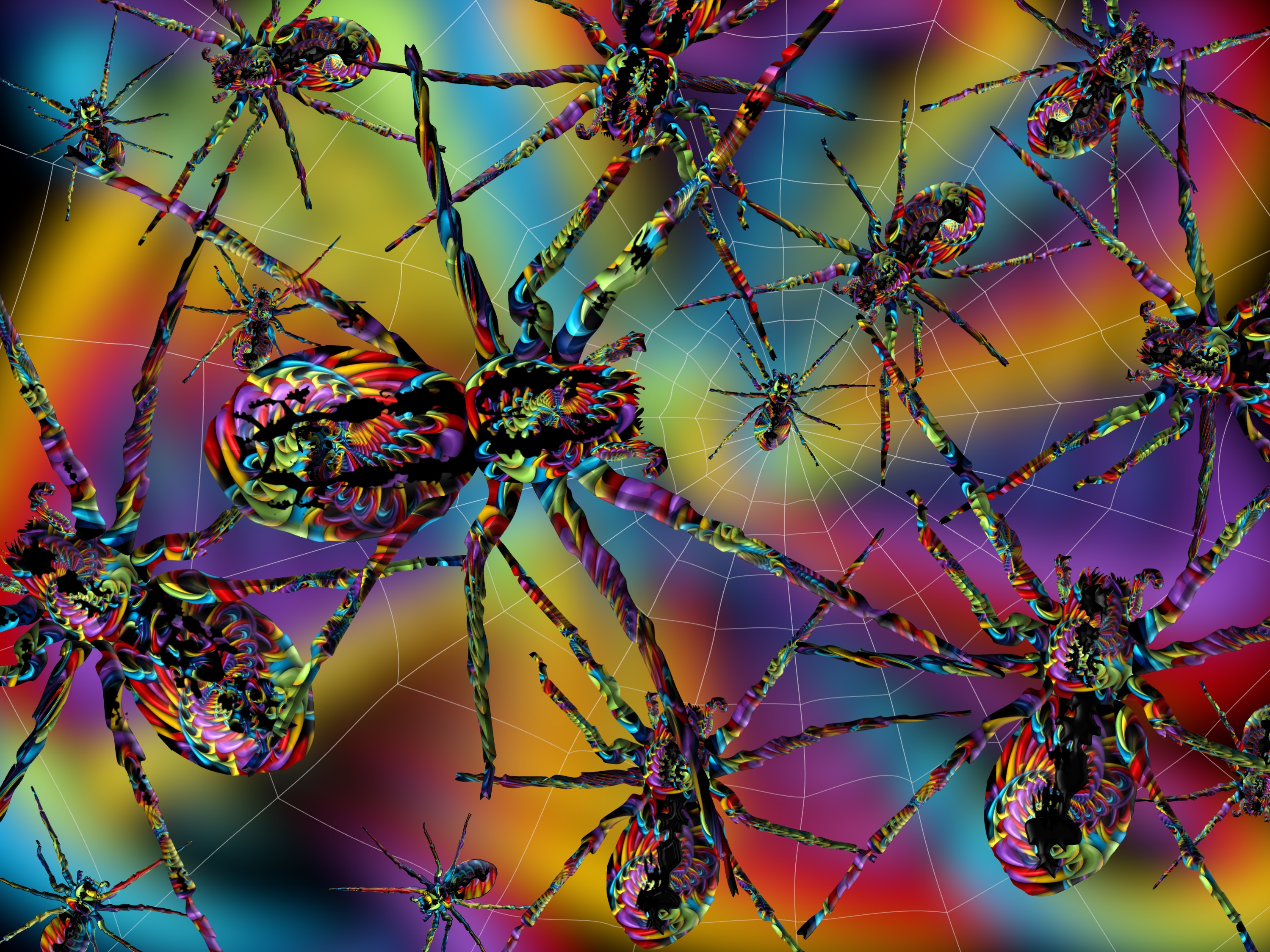 spiders nature No III („The nature is dying, no danger, we have AI and 3d-printers.“); (combined painting technique; 2025-12-28)