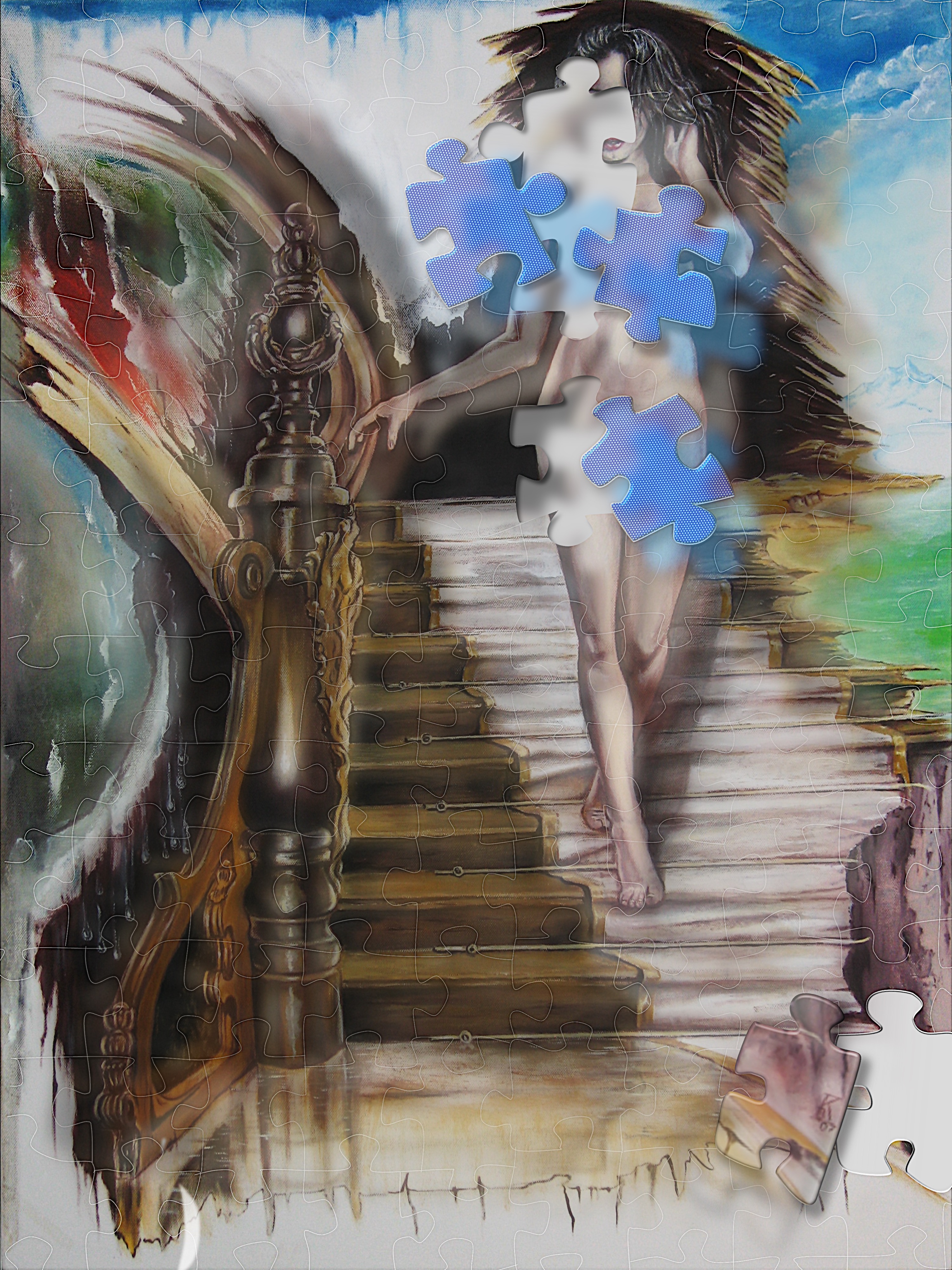 staircase (oil; 2007 and puzzle pieces added by using combined painting technique; 2025-10-25)